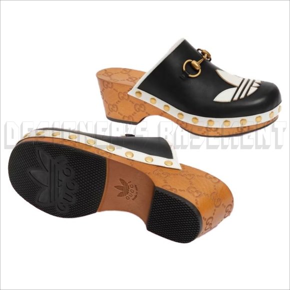 GUCCI x Adidas 36.5EU - 6.5US black Leather Trefoil logo GG platform Clogs shoes - Picture 11 of 12
